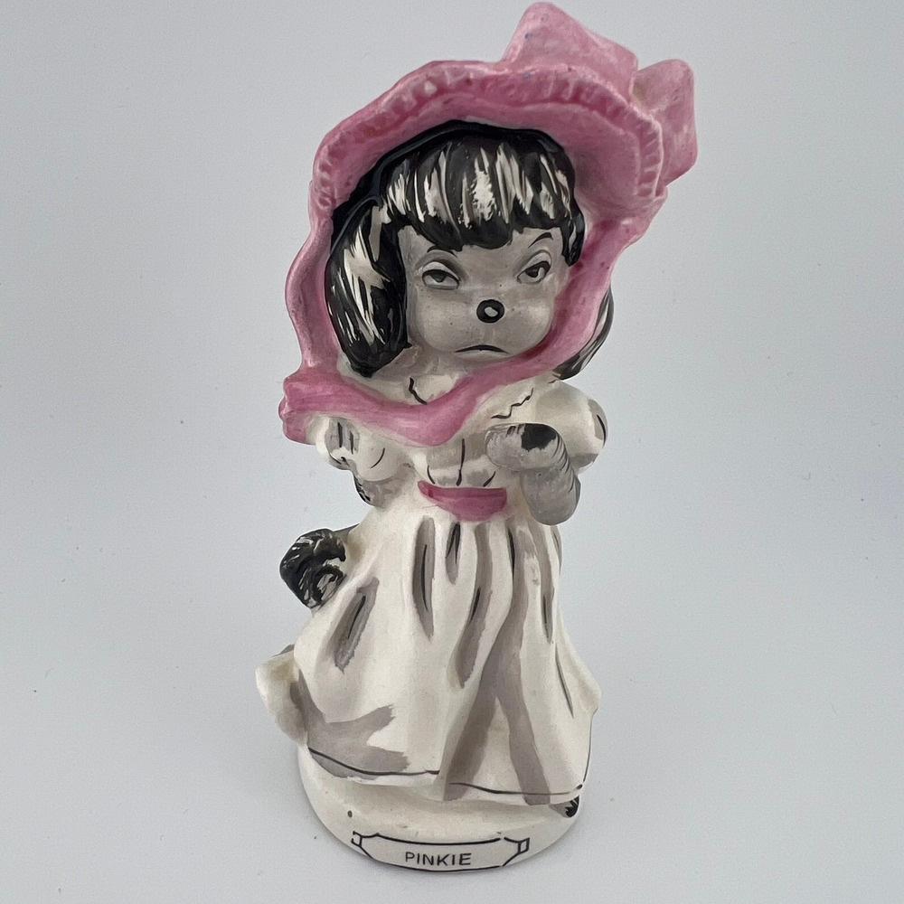 Vintage Josef Originals Pinkie Dog Figurine Japan Pink Bonnet Girl Chess